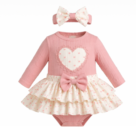 Rochite bebeluse - Set 3 piese, cu fustita, roz