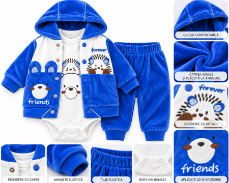 Set nou nascut - Set 3 piese din catifea pentru bebeluși – Hanorac cu glugă, pantaloni și body, Albastru