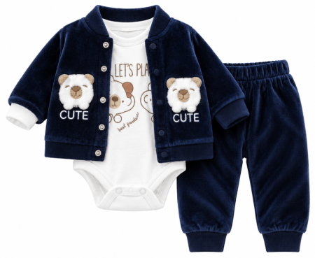 Set nou nascut - Set 3 piese din catifea pentru bebeluși – Hanorac cu glugă, pantaloni și body, Bleumarin