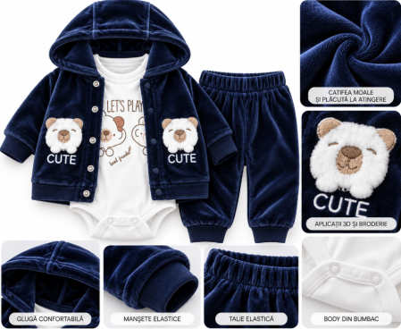 Haine bebe baietei - Set 3 piese din catifea pentru bebeluși – Hanorac cu glugă, pantaloni și body, Bleumarin