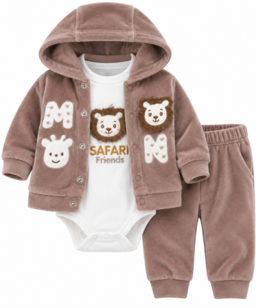 Set nou nascut - Set 3 piese din catifea pentru bebeluși – Hanorac cu glugă, pantaloni și body, Leut
