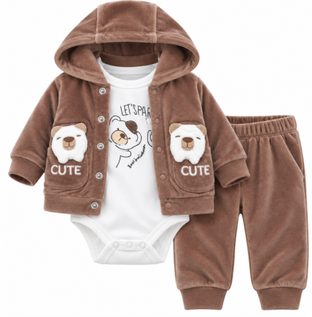 Set nou nascut - Set 3 piese din catifea pentru bebeluși – Hanorac cu glugă, pantaloni și body, Ursulet