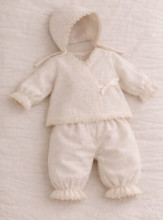 Costumase primavara-vara - Set 3 piese, din muselina cu accesorii brodate, ivoire, 0-3 luni