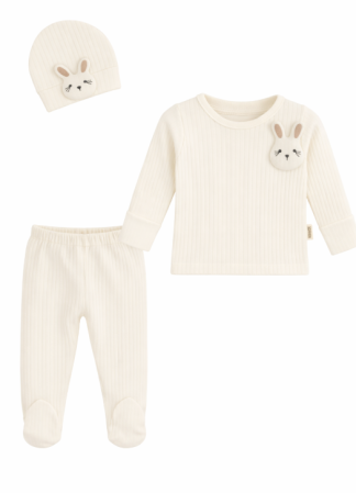 Costumase toamna-iarna - Set 3 piese, Iepuras 3D, Alb, 0-3 luni