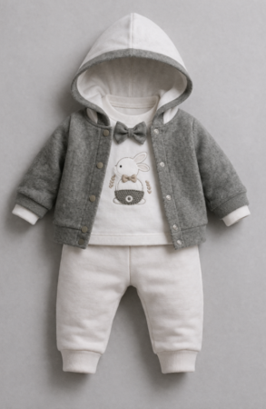 Haine bebe baietei - Set 3 piese, Iepurasul elegant, verde gri