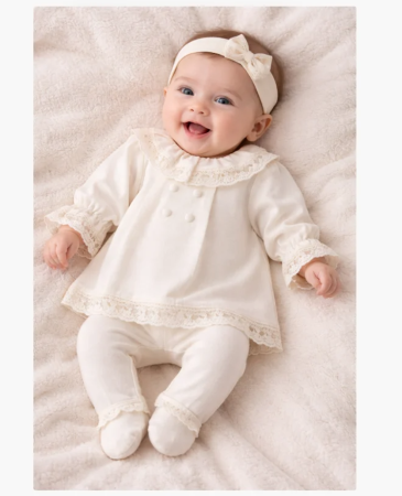 Haine bebe fetite - Set 3 piese, Model Vintage, Cu accesorii din dantela, 0-3 luni