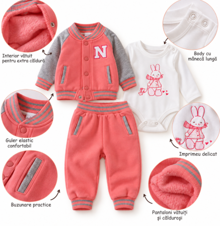 Costumase toamna-iarna - Set 3 piese pentru bebe, Vătuit, Hanorac, body cu mânecă lungă și pantaloni, American girl