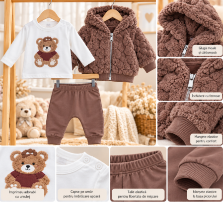 Haine bebe fetite - Set 3 piese pentru bebeluși – Geaca cu glugă, pantaloni și bluză cu mânecă lungă, Maro