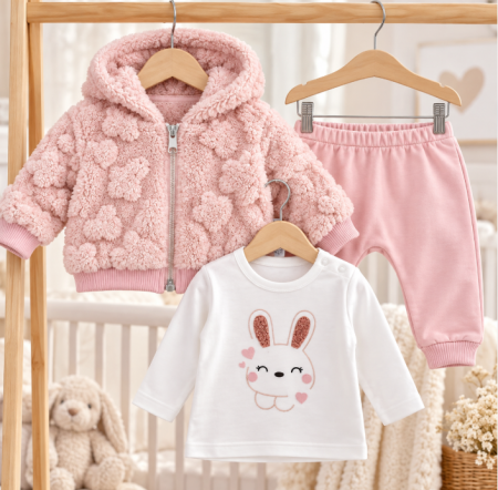 Haine bebe fetite - Set 3 piese pentru bebeluși – Geaca cu glugă, pantaloni și bluză cu mânecă lungă, Roz
