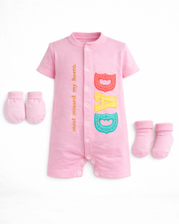 Set nou nascut - Set 3 piese, salopeta, ciorapei si manusi, Tatal meu, eroul meu, roz