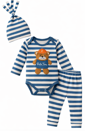 Haine bebe baietei - Set 3 piese, Ursulet cu sapca, albastru