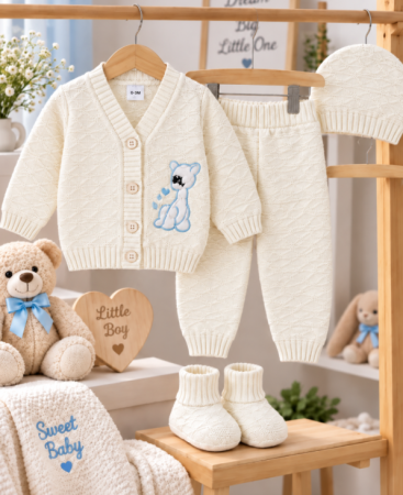 Set nou nascut - Set 4 piese tricotat, pentru bebe, Alb-Bleu