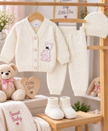 Costumase toamna-iarna - Set 4 piese tricotat, pentru bebe, Alb-roz