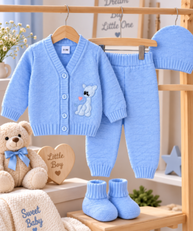 Haine bebe baietei - Set 4 piese tricotat, pentru bebe, Albastru