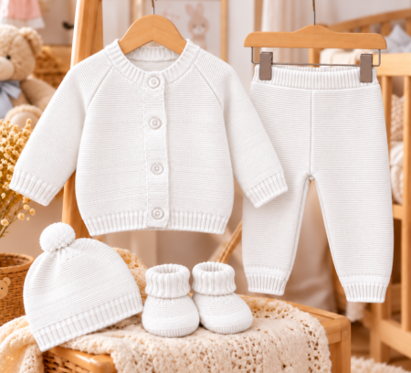 Costumase toamna-iarna - Set 4 piese tricotat, pentru bebe, Bubu, Alb