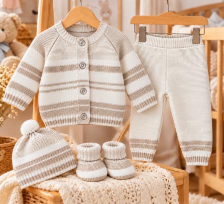 Set nou nascut - Set 4 piese tricotat, pentru bebe, Bubu, bej
