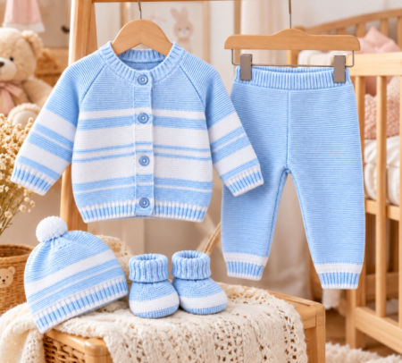 Set nou nascut - Set 4 piese tricotat, pentru bebe, Bubu, Bleu
