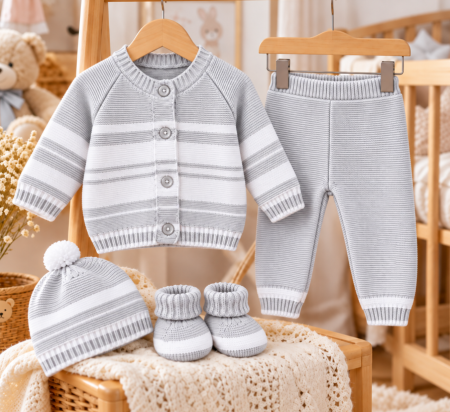 Costumase toamna-iarna - Set 4 piese tricotat, pentru bebe, Bubu, Gri cald