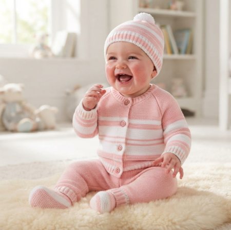 Set nou nascut - Set 4 piese tricotat, pentru bebe, Bubu, roz