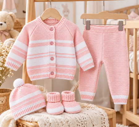 Costumase toamna-iarna - Set 4 piese tricotat, pentru bebe, Bubu, roz