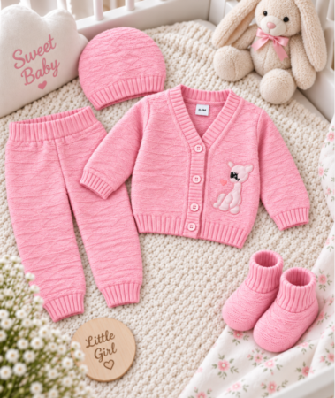 Haine bebe fetite - Set 4 piese tricotat, pentru bebe, roz