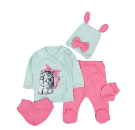 Set nou nascut - Set 5 piese bebelus,pisicuta cu turban