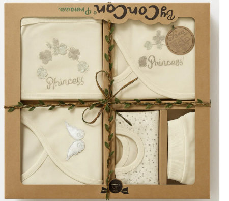 Set nou nascut - Set 5 piese, Bumbac organic 100%, Printesa