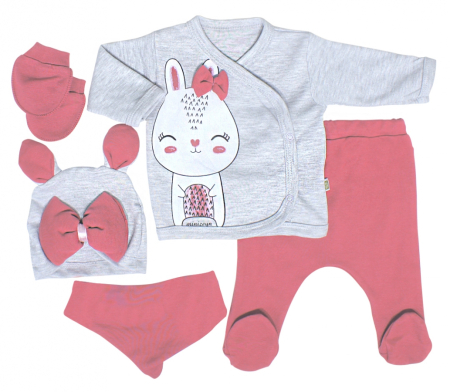 Set nou nascut - Set 5 piese haine bebe,0-3 luni,iepurasul cu fundita