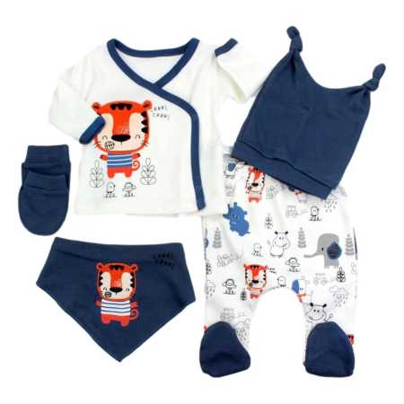 Set nou nascut - Set 5 piese haine bebe,0-3 luni,leut zglobiu,albastru indigo
