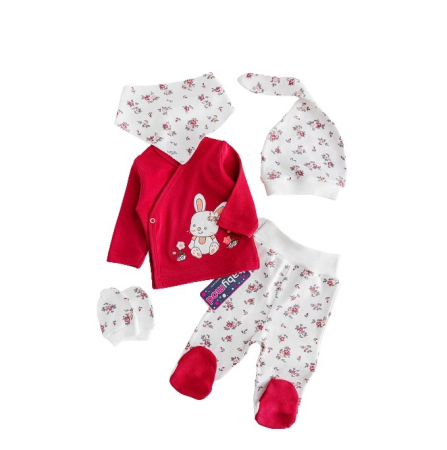 Set nou nascut - Set 5 piese haine bebe,iepuras,corai