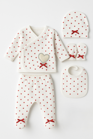 Haine bebe baietei - Set 5 piese nou nascut, Bumbac pieptanat, Inimioare