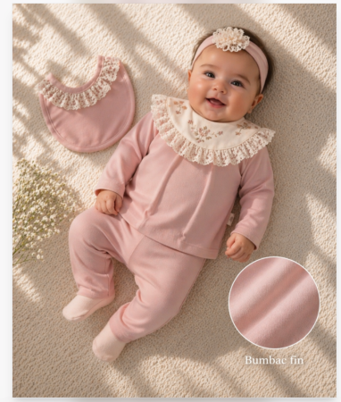 Set nou nascut - Set 5 piese, Nou născut Con con 0-3 Luni, Bumbac organic, Brodat stil Vintage