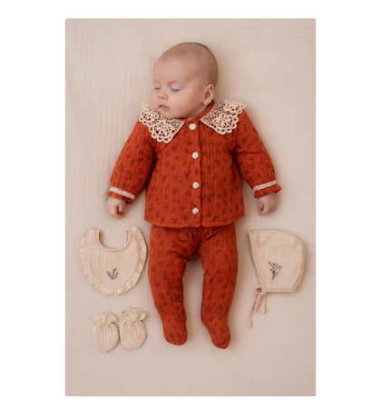 Set 5 piese, Nou născut Con con 0-3 Luni, Bumbac organic, Brodat stil Vintage, Rosu [1]