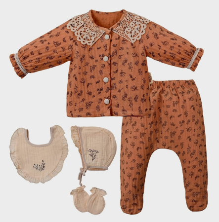 Set nou nascut - Set 5 piese, Nou născut Con con 0-3 Luni, Bumbac organic, Brodat stil Vintage, Rosu bordo