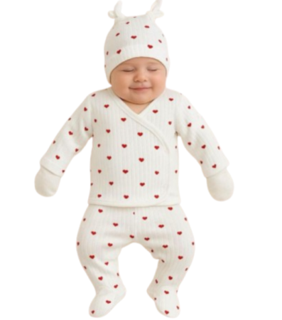Costumase toamna-iarna - Set 5 piese nou nascut, Bumbac pieptanat, Inimioare
