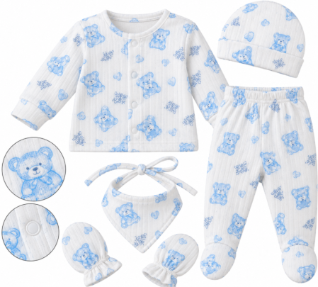 Set nou nascut - Set 5 piese pentru bebeluși – Bluziță, pantaloni, căciuliță, bavețică și mănuși, 0-3 luni, Alb-bleu
