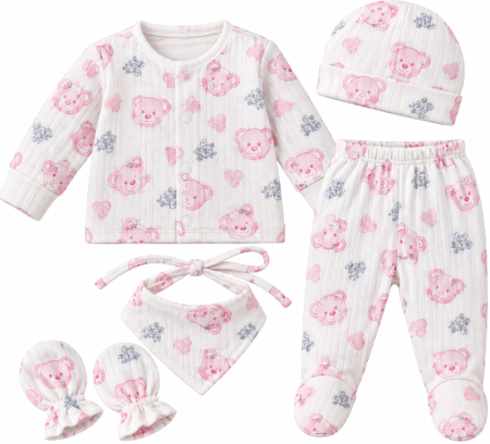 Haine bebe fetite - Set 5 piese pentru bebeluși – Bluziță, pantaloni, căciuliță, bavețică și mănuși, 0-3 luni, alb-roz