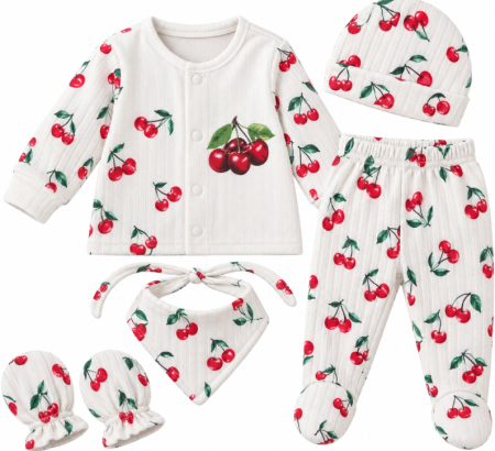Haine bebe fetite - Set 5 piese pentru bebeluși – Bluziță, pantaloni, căciuliță, bavețică și mănuși, 0-3 luni, Cirese