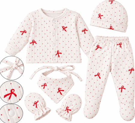 Haine bebe fetite - Set 5 piese pentru bebeluși – Bluziță, pantaloni, căciuliță, bavețică și mănuși, 0-3 luni, cu fundite
