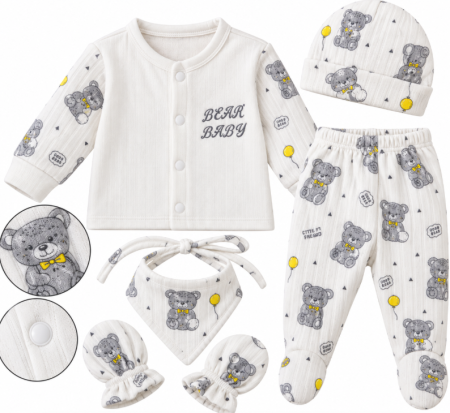 Set nou nascut - Set 5 piese pentru bebeluși – Bluziță, pantaloni, căciuliță, bavețică și mănuși, 0-3 luni, gri