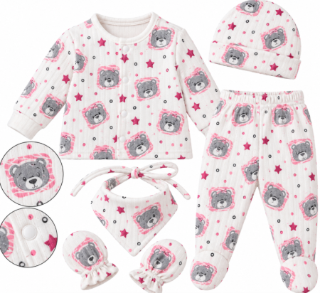 Haine bebe fetite - Set 5 piese pentru bebeluși – Bluziță, pantaloni, căciuliță, bavețică și mănuși, 0-3 luni, multicolor