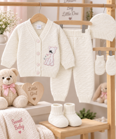 Costumase toamna-iarna - Set 4 piese tricotat, pentru bebe, Alb-roz
