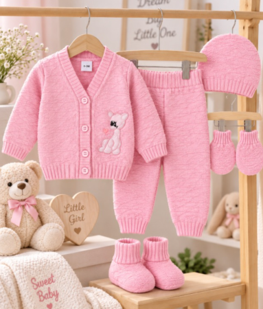Costumase toamna-iarna - Set 5 piese tricotat, pentru bebe, roz