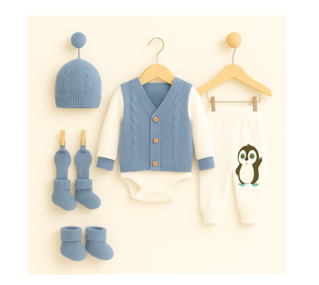 Costumase toamna-iarna - Set 6 piese, costumas bebe cu Vestuta si botosei, Albastra