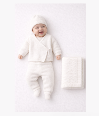 Hainute bumbac organic - Set 6 piese, hainute tricotate cu paturica, Alb