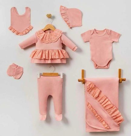 Set nou nascut - Set 7 piese, Nou născut Con con 0-3 Luni, Bumbac organic, Volant