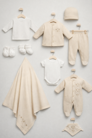 Costumase toamna-iarna - Set 7 piese, Nou născut Con con 0-3 Luni, Bumbac organic, Volant, Bej