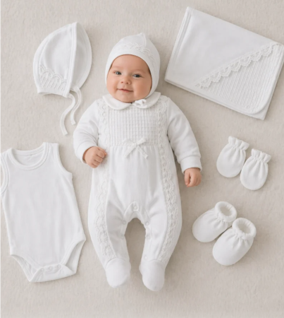 Costumase primavara-vara - Set 7 piese, trusou, Bumbac pieptanat, Cu broderie, alb, Ingeras