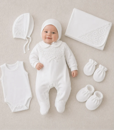 Set nou nascut - Set 7 piese, trusou, Bumbac pieptanat, Cu broderie rotunda