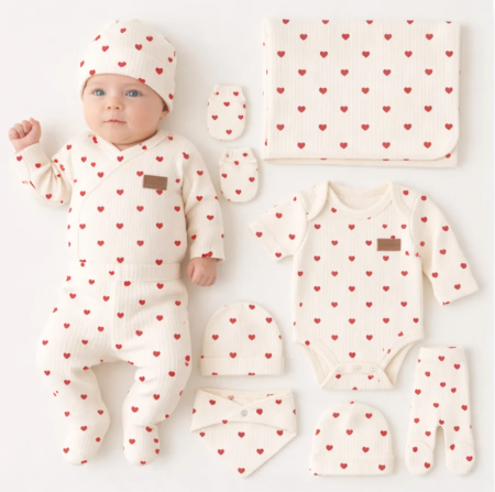Costumase toamna-iarna - Set 7 piese, trusou, Bumbac pieptanat, Inimioare rosii